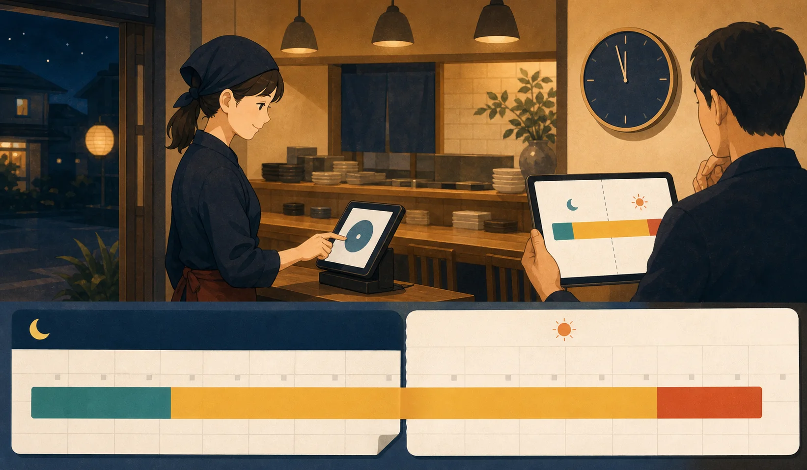 深夜の店舗で日付をまたぐ勤務を確認するスタッフのイラスト