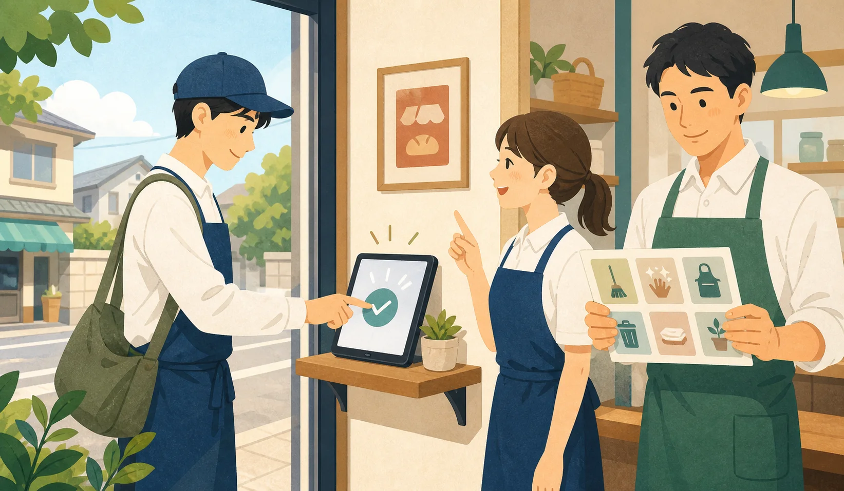 出勤口で打刻忘れを防ぐ声かけをするナビ店長の図解
