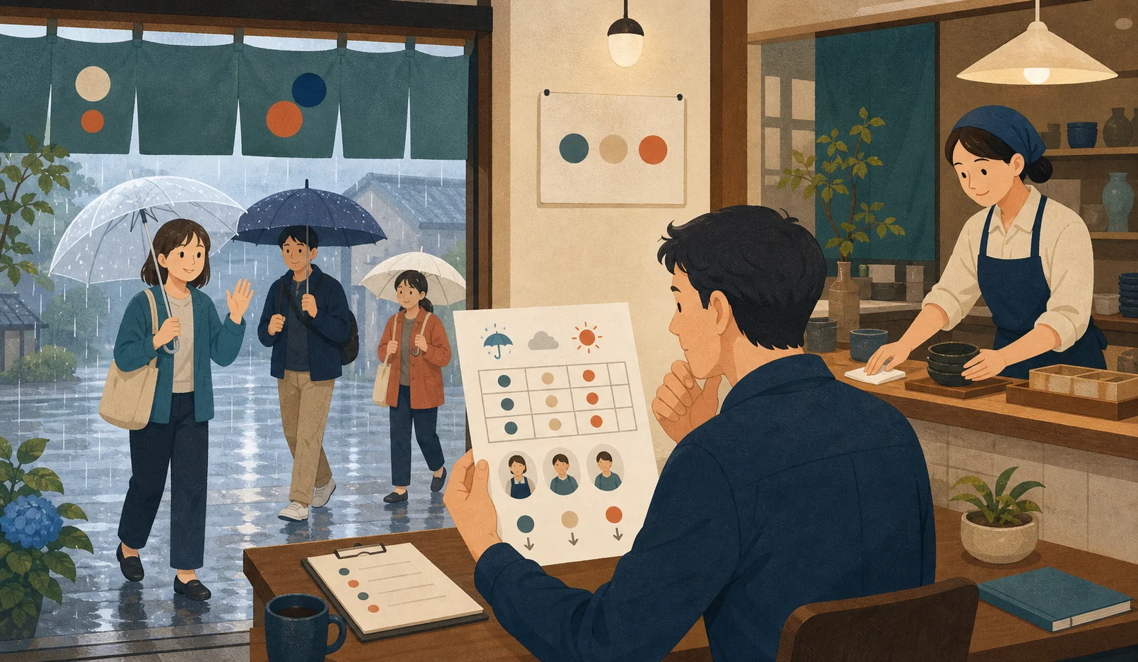 晴天日と雨天日の到着時刻を比較する図