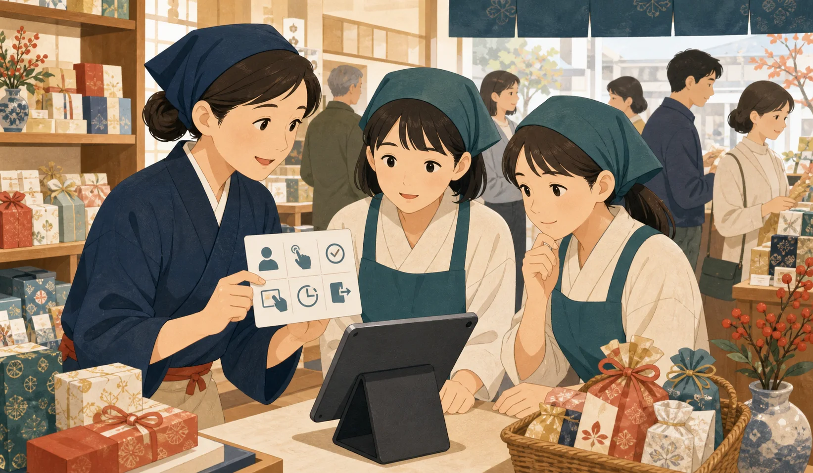 繁忙期の短期スタッフが共有端末の操作を教わるイラスト