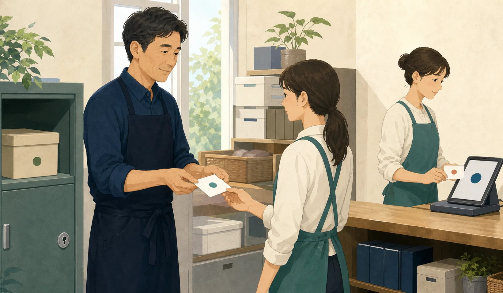 スタッフ番号カードで打刻する運用を示す図解