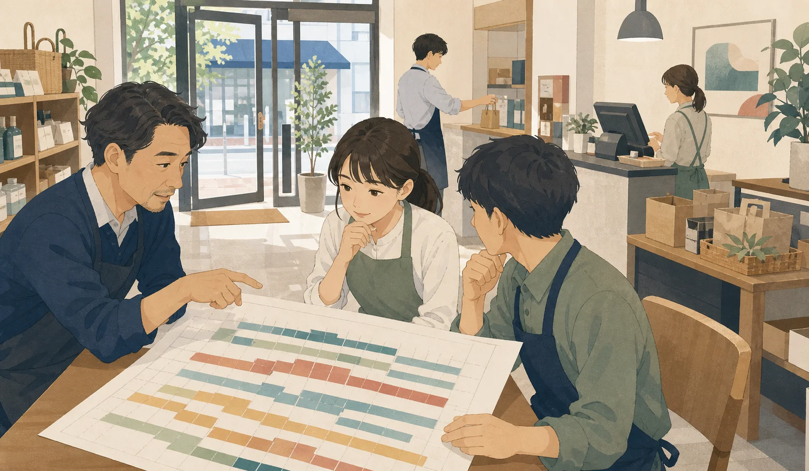 出退勤時刻の波形から職場の状態を読み取る図