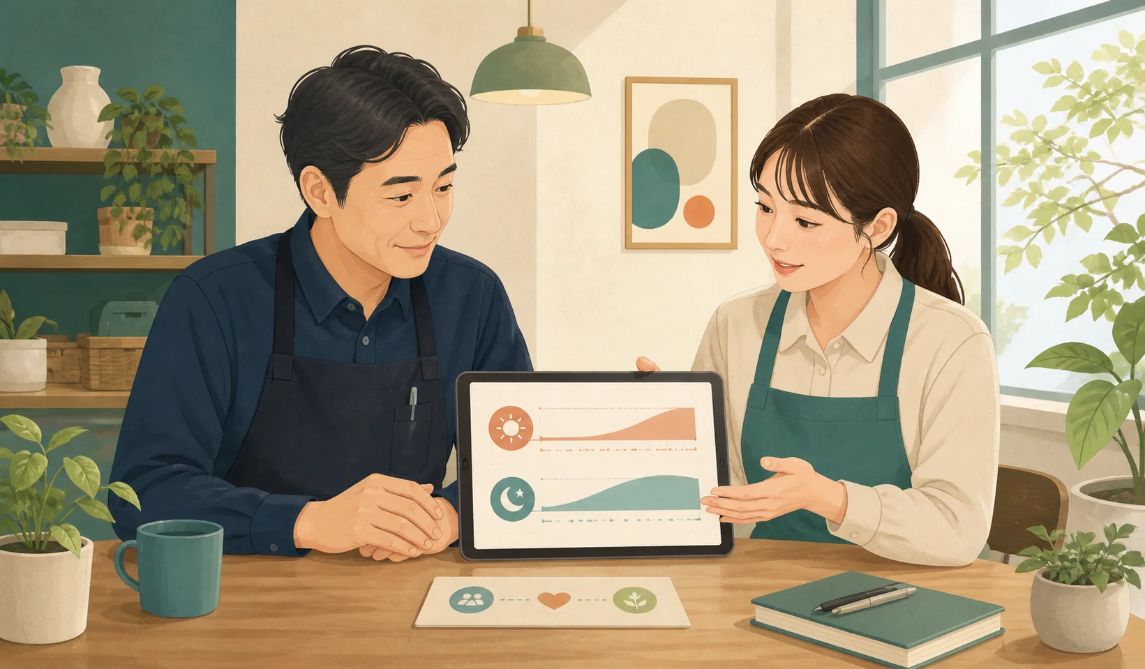 管理者とスタッフが勤怠記録を一緒に確認する図